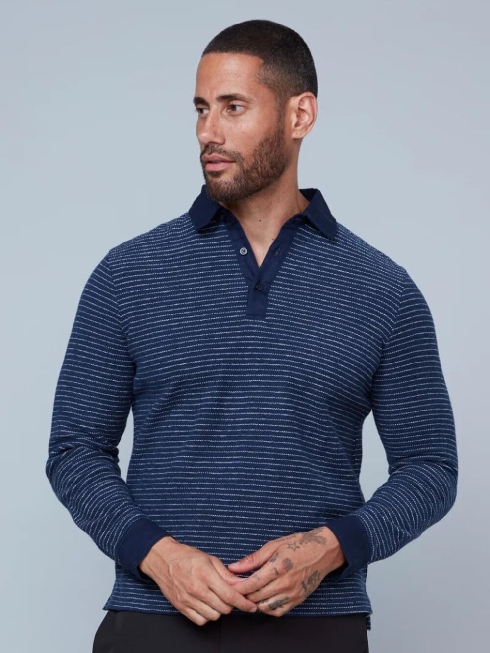 HEDGE Navy with White Striped Knit Polo/54380